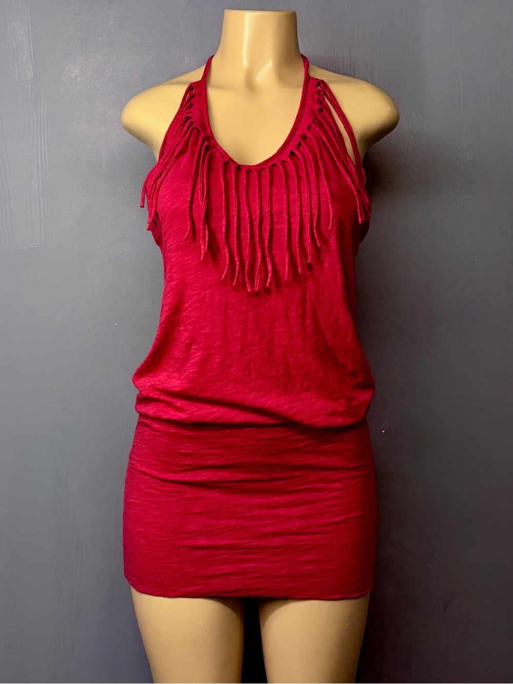 Red Heather Fringe Halter Mini Dress Medium Bodycon